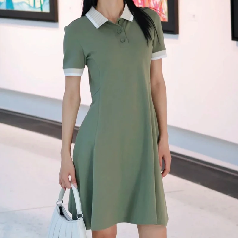 宝丫轻奢  T女式通勤简约收腰A字撞色短袖polo翻领连衣裙K3001