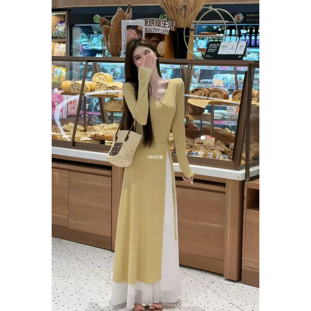 【偷偷藏不住】2025新款早春温柔气质开叉长款上衣时尚套装A364