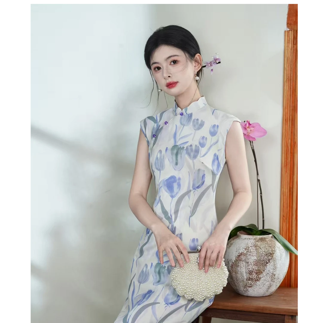 《郁金香》郁金香新中式花瓣领修身夏长款旗袍裙2025年气质日常6265