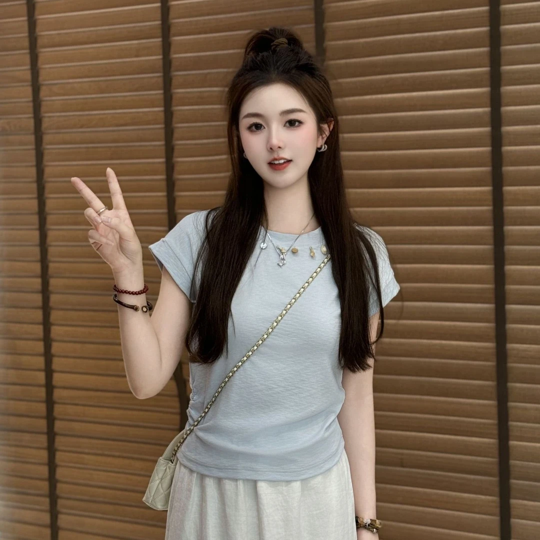 宿慕SUMU小众设计感圆领短袖T恤2025新款夏季上衣小雨女装1908U