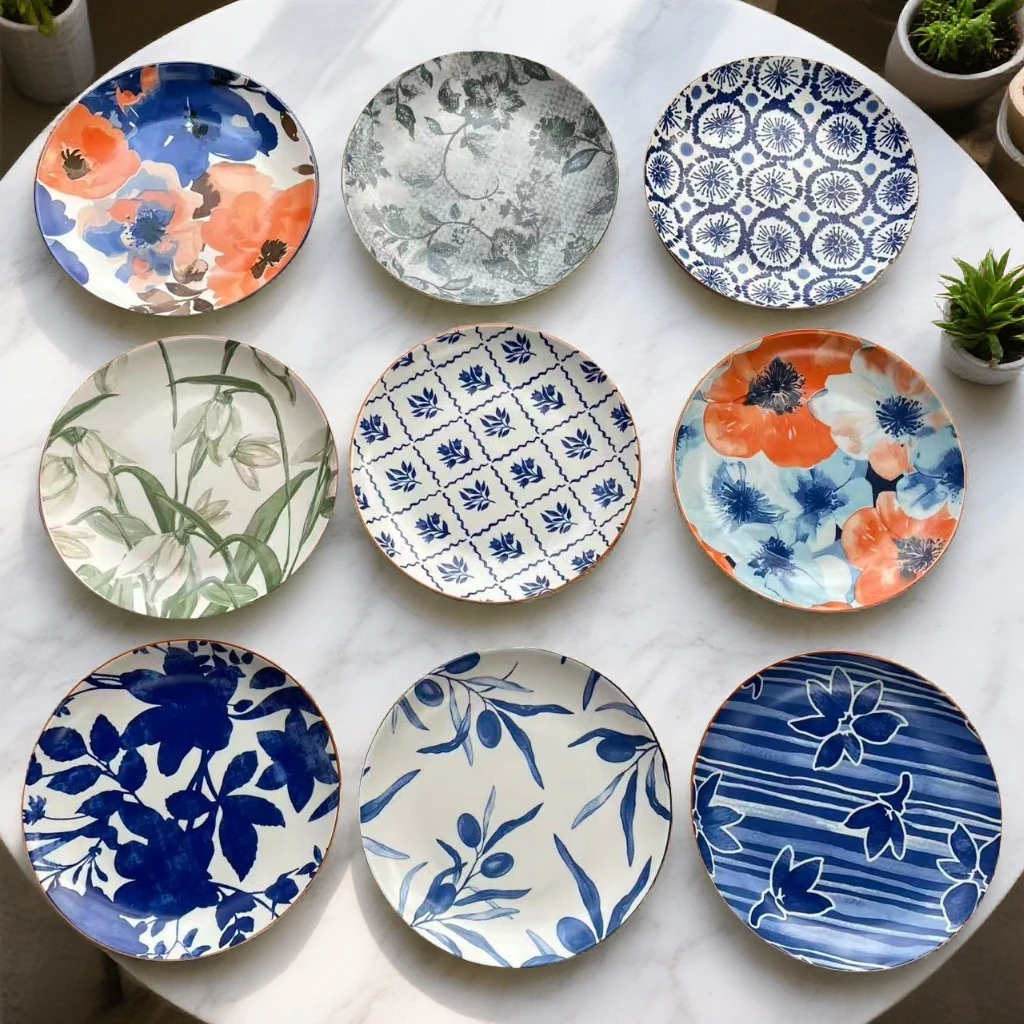 随机发6只8英寸平盘浅盘外贸高端精品时尚双面哑光釉陶瓷圆形盘子