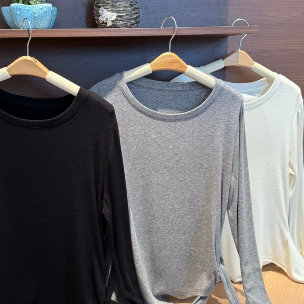 【瘦瘦】咖啡香气-三色大圆领不规则绑带百搭正肩长袖打底S01192