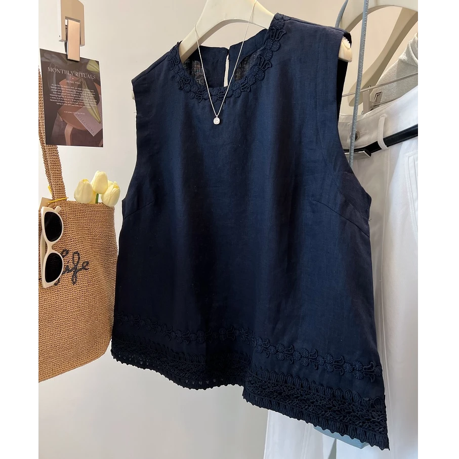 夏季韩版立体花边刺绣亚麻圆领透气简约气质麻料无袖背心小衫女