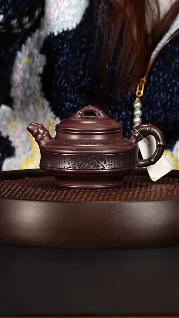 茶壶紫砂 宜兴紫砂壶铁血红砂柴烧双线竹鼓320cc