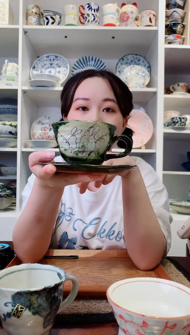 陶瓷【微瑕】织布绿兔咖啡杯碟