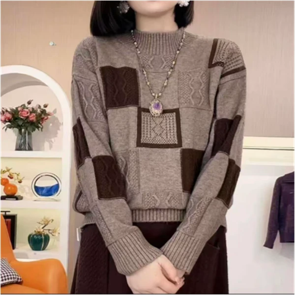 【线下同款~拼接撞色】秋冬新款撞色格子宽松显瘦百搭针织毛衣