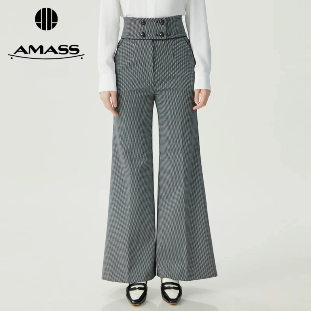 【阿玛施AMASS】5100315 显瘦气质复古摩登高腰格纹喇叭长裤