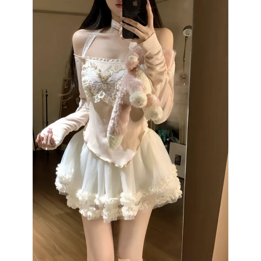 大码春季修身显瘦纯欲风甜美蕾丝拼接一字肩T恤上衣+半身裙10821