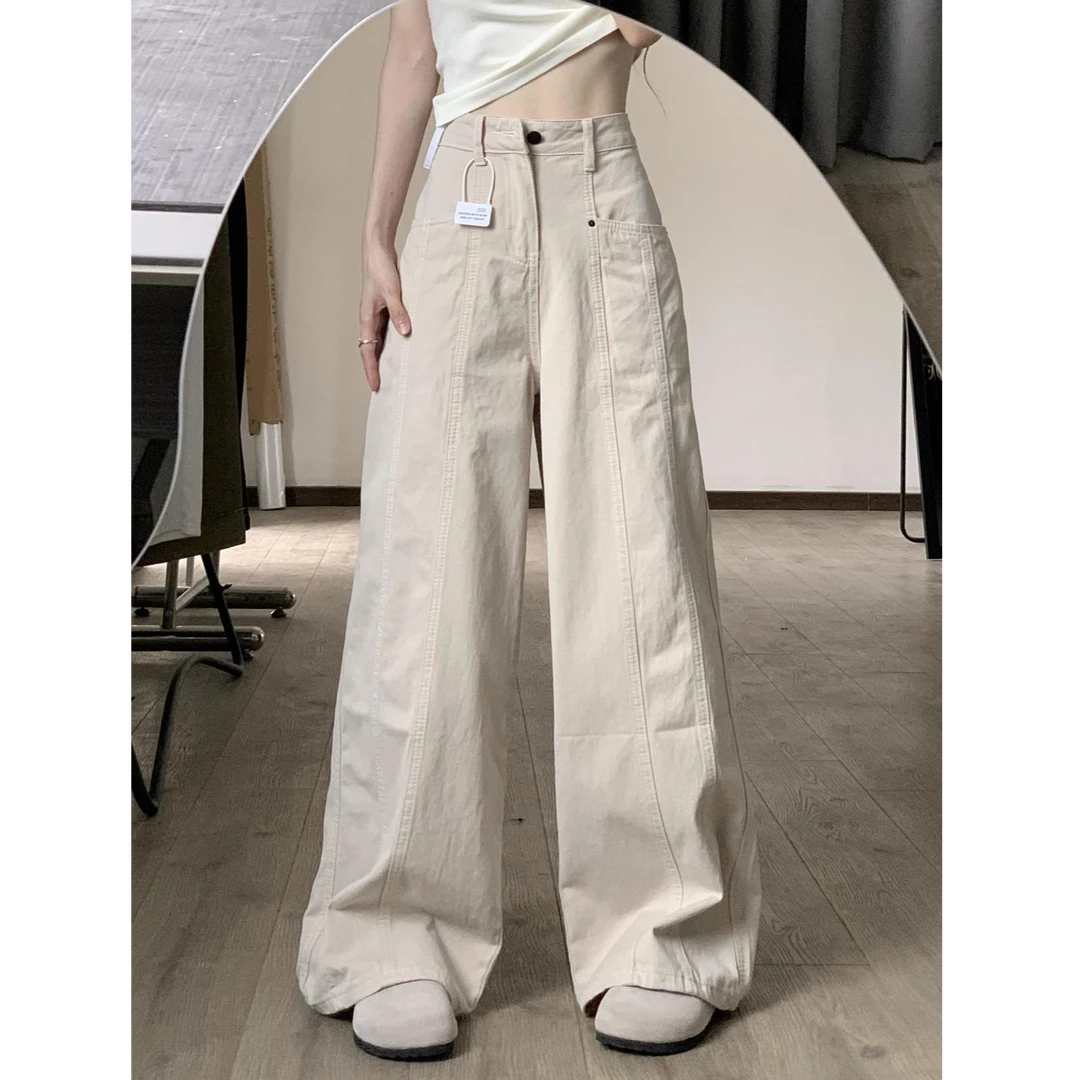 美式米杏色复古工装牛仔裤女夏季新款高腰宽松显瘦直筒阔腿长裤