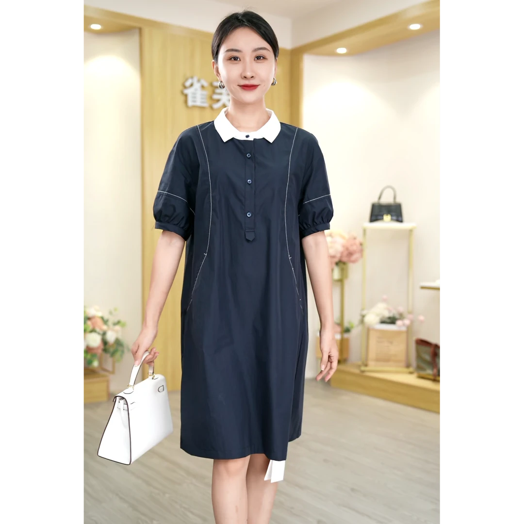 夏日休闲撞色翻领连衣裙女2025夏季新款时尚小众韩版设计感中长裙