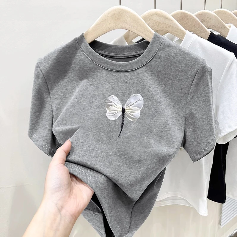 女童T恤夏季短袖2025新款洋气时尚儿童圆领休闲上衣女孩纯棉夏装