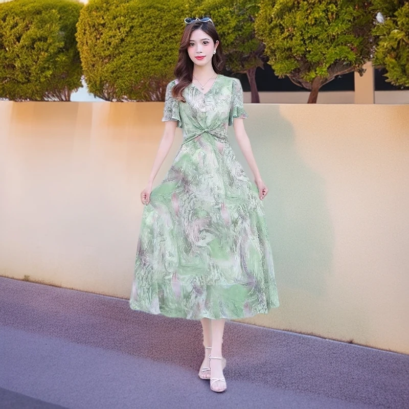 2520#绿【木兮兮专属】2025年夏季新款气质修身收腰百搭时尚连衣裙