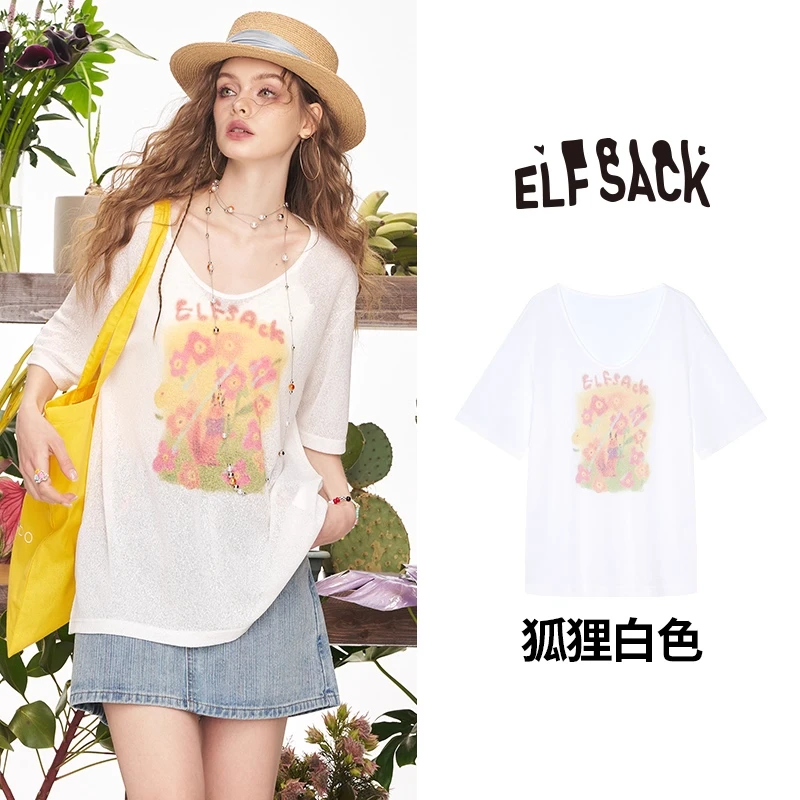 【芋总】2025夏季新款宽松设计感上衣白色印花松弛感短袖t恤女
