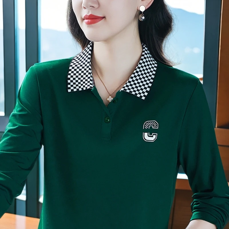 品牌长袖t恤女春秋季宽松上衣流行时髦翻领运动polo衫简约中老年