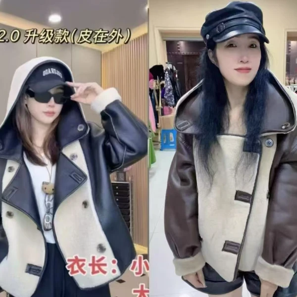 韩版撞色短款简约通勤带帽冬季女短外套网红拼接女装大帽皮毛一体