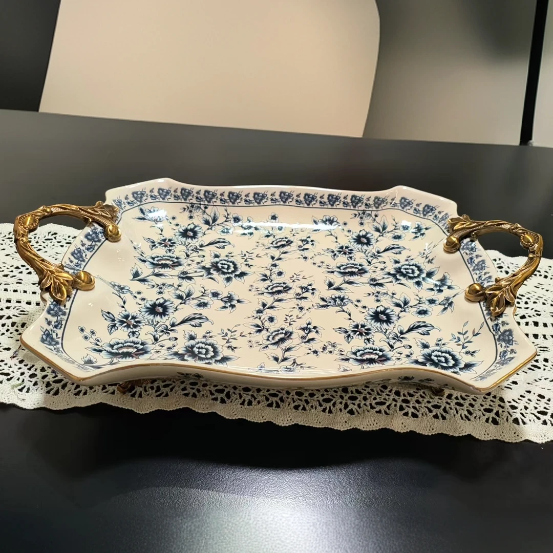 【直播间专用】 欧式花鸟风格合金陶瓷大果盘别墅样板