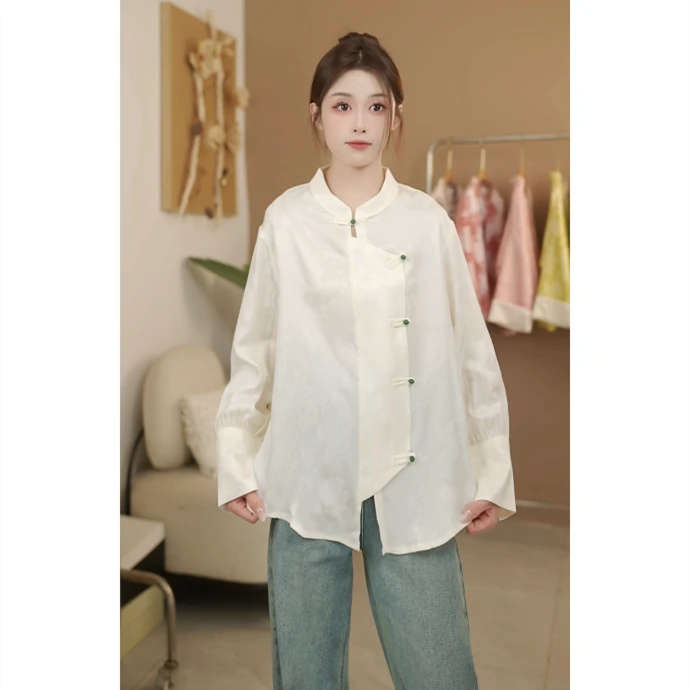 【素兮】禅意春夏新中式风长袖宽松提花斜襟立领衬衫