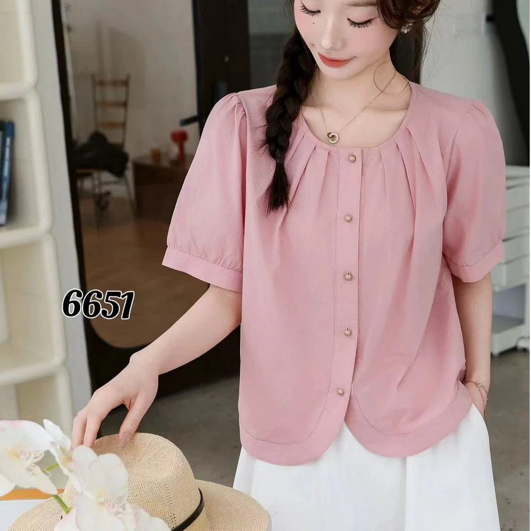 HHY6651（聚水潭）压褶短袖彩色宽松小众韩版小衫设计感女士短袖