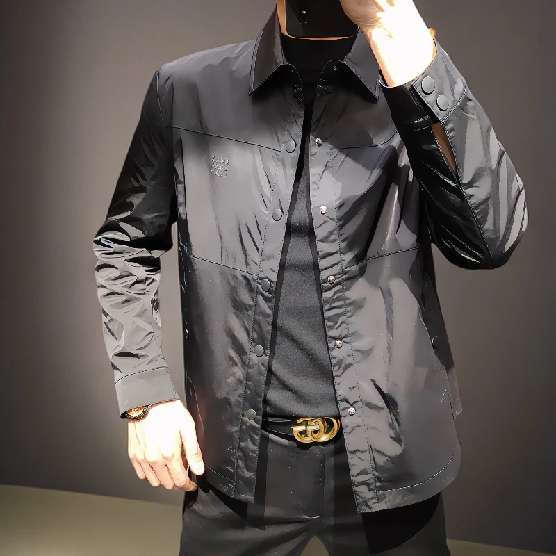 2025春秋新款男士夹克纯色翻领商务简约百搭显瘦韩版高档外套潮流