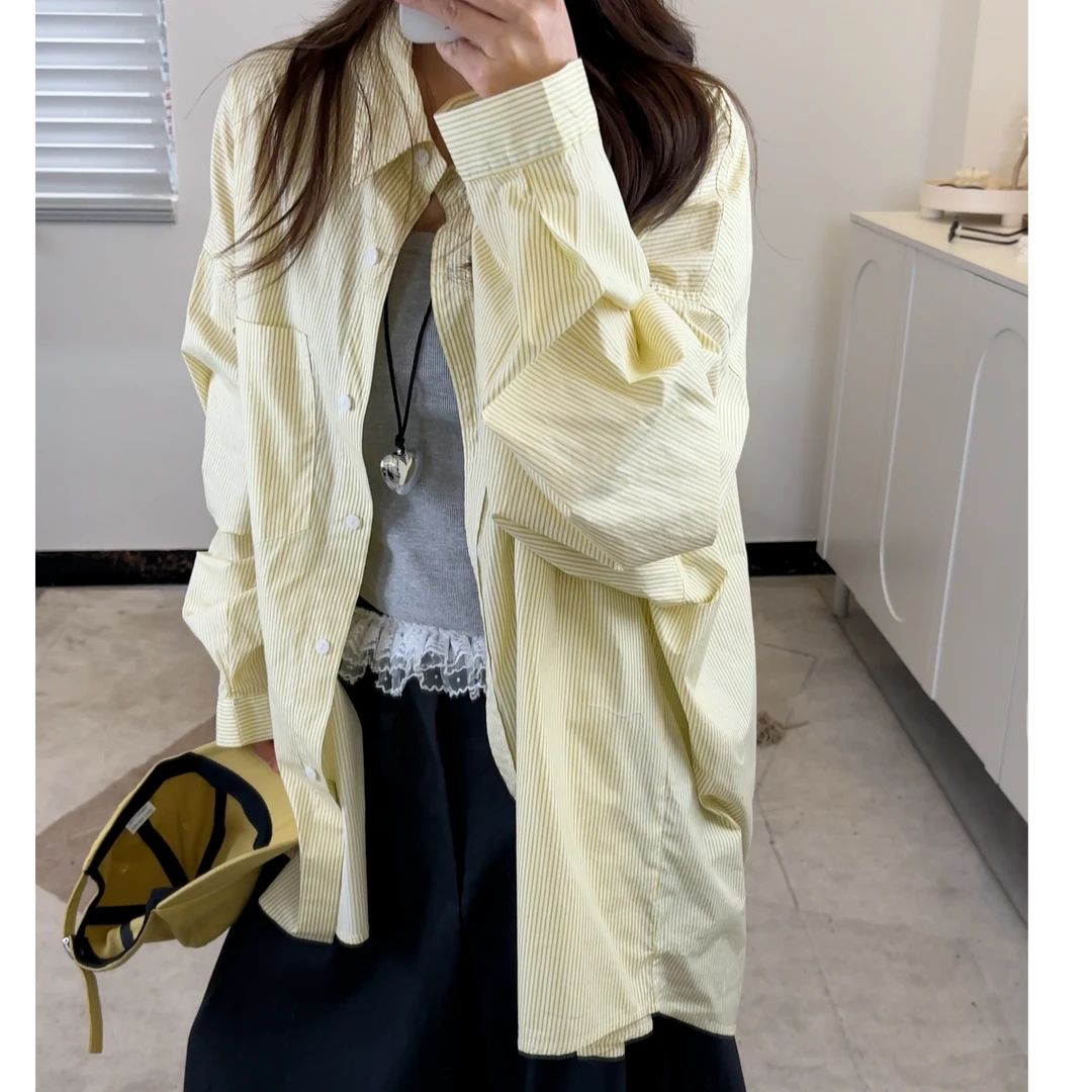 逸语2025春季新品韩版条纹百搭小众中长款宽松衬衫女长袖衬衣