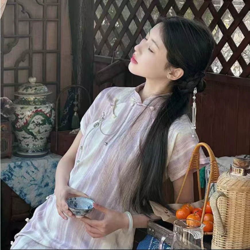 紫色旗袍古法新中式旗袍文艺气质显瘦连衣裙新中式日常夏季款