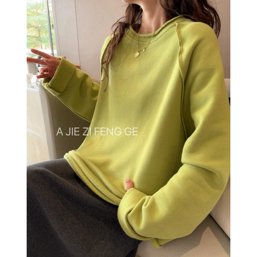 秋冬宽松百搭显瘦毛边加厚加绒圆领中长款卫衣