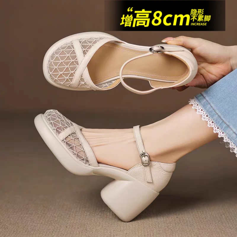 8CM小个子增高厚底包头凉鞋女2025新款夏季粗跟网纱一字带罗马鞋
