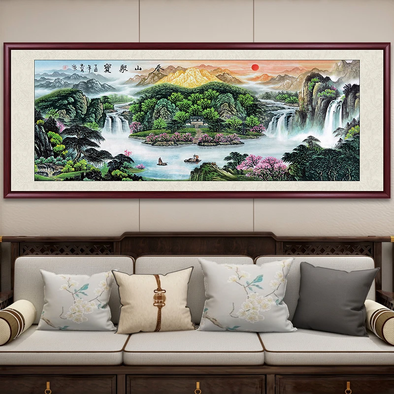 春山聚宝国画聚宝盆山水画客厅挂画高档墙壁画办公室背景墙装饰画
