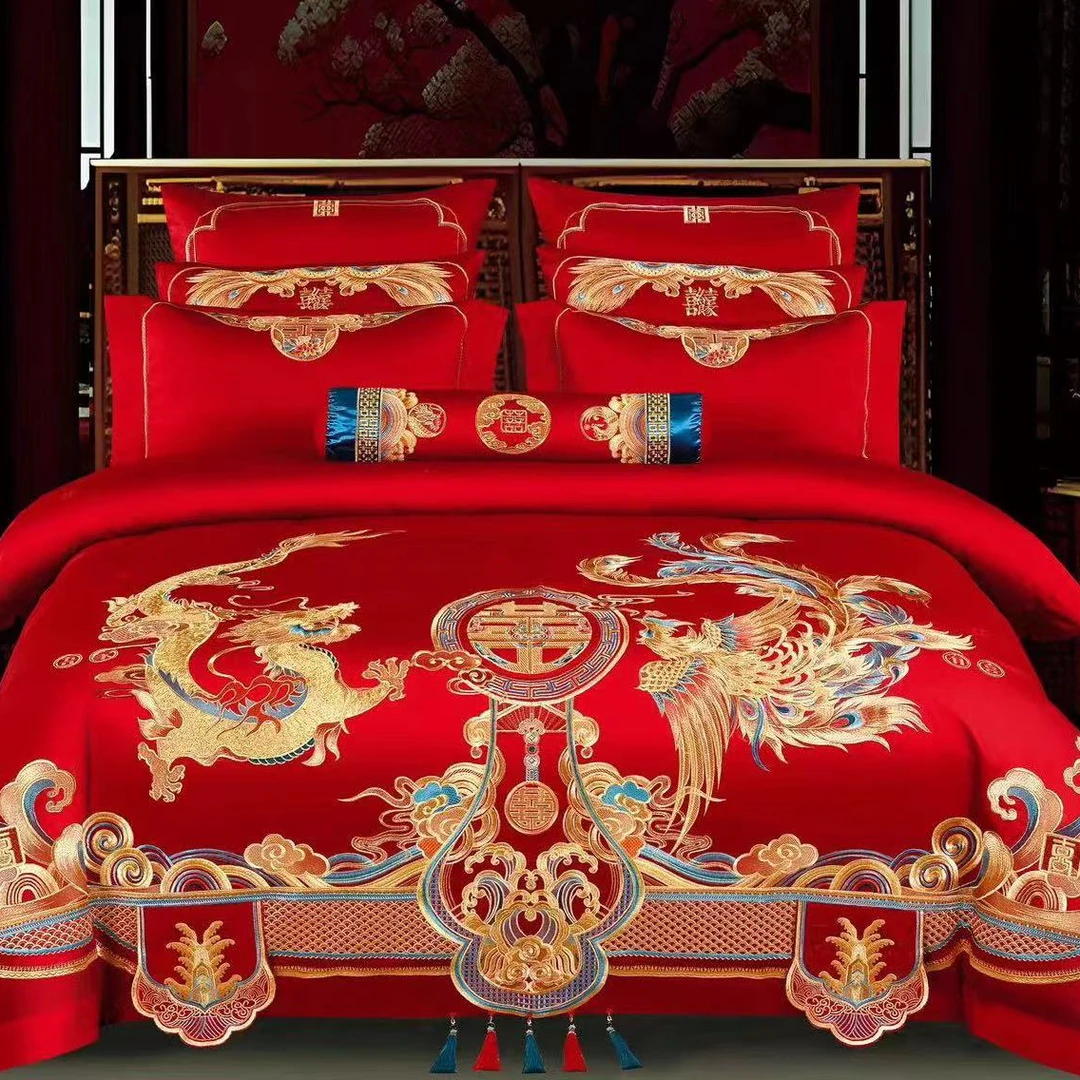 万里江山高档匹马棉婚庆四件套龙凤大红色床单结婚陪嫁床品黄一恒