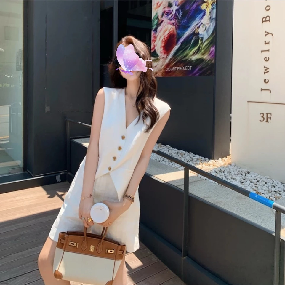 高级感老钱风亚麻马甲短裤两件套装女2025夏季新款时尚潮流穿搭