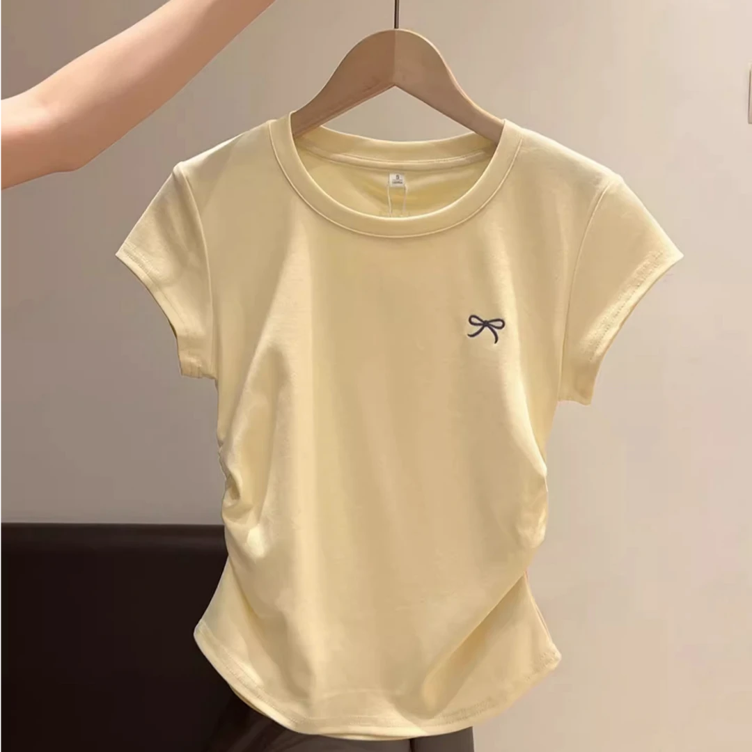 奶黄色圆领正肩显白短袖T恤女夏季小个子修身褶皱收腰蝴蝶结上衣