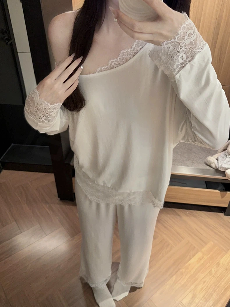 轻奢睡衣长袖长裤女款2025新款秋季纯欲斜肩蕾丝代尔棉家居服套装