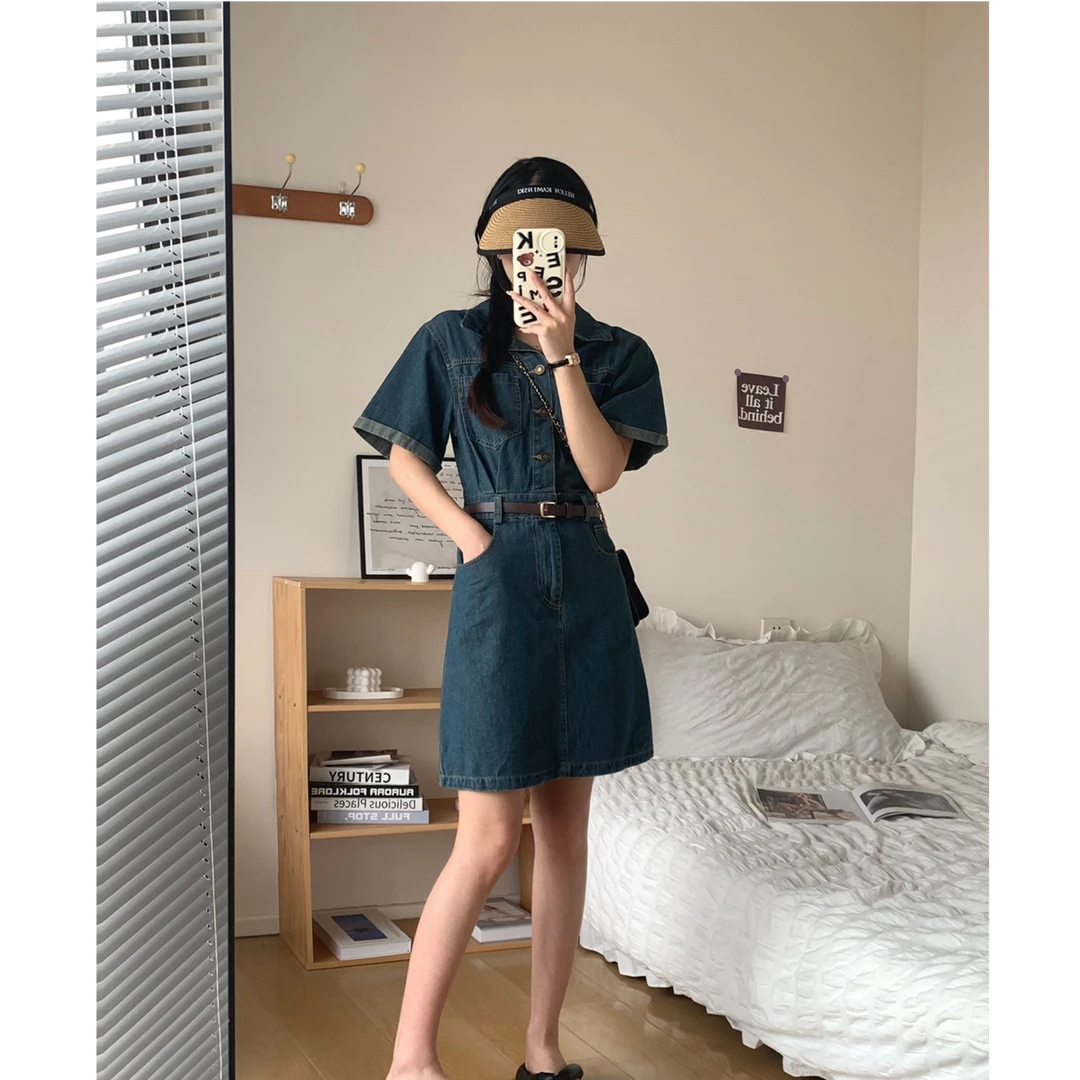 撞色衬衫领水洗牛仔短袖连衣裙女2025夏季新款懒惰中长款一步裙子