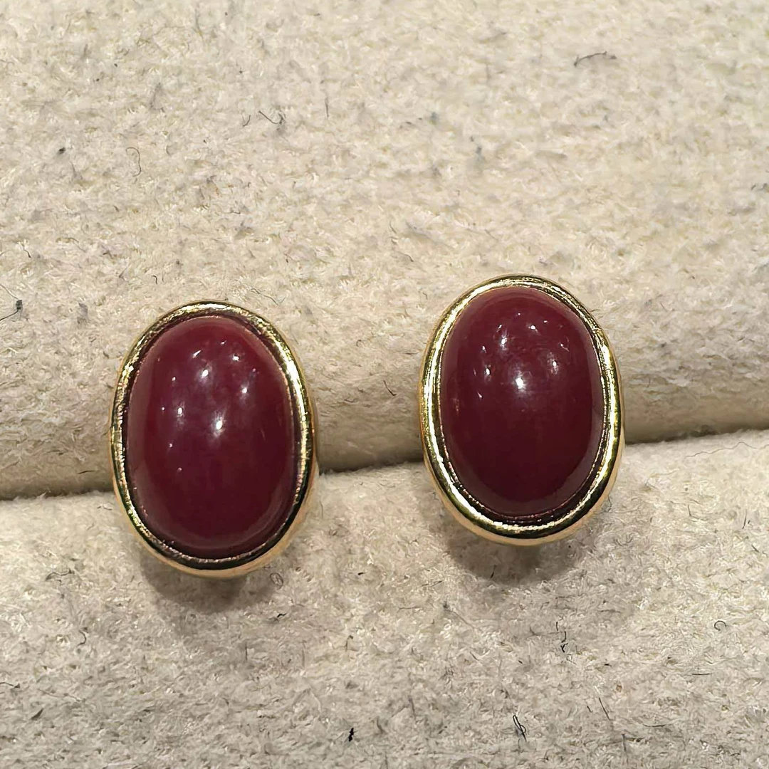 纯天然红珊瑚阿卡特黑赤银镶耳钉简约款耳钉