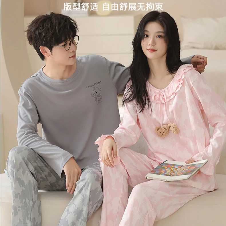 100%纯棉情侣睡衣女秋冬青少年家居服舒适韩版长袖睡衣男全棉套装