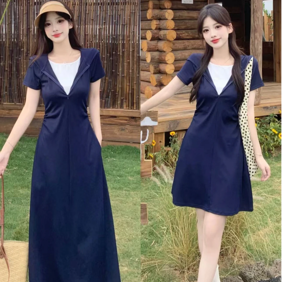 复古连帽假两件短袖连衣裙 LSS55098