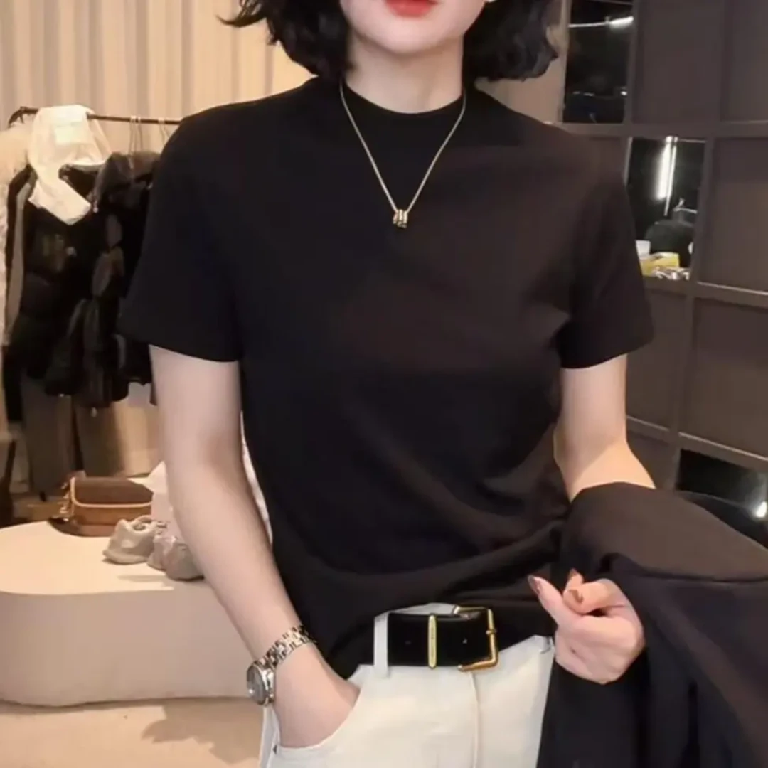 2025早春新款素色女士休闲打底宽松圆领薄款半袖大码百搭T恤