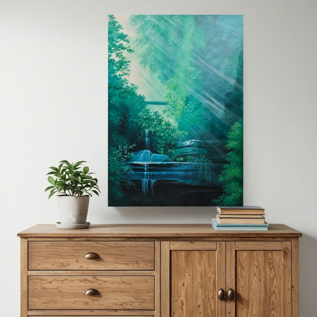 绿林小溪纯手绘写实油画治愈光感绿色竖款森林风景餐厅玄关走廊