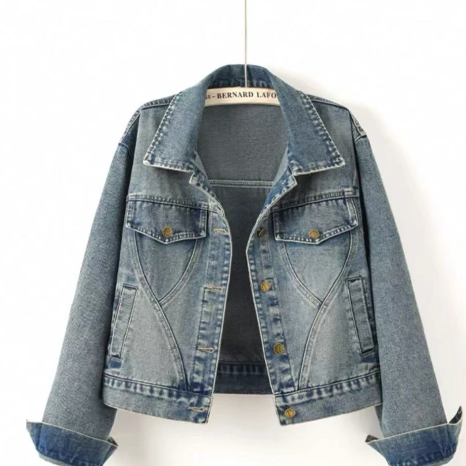 401-500牛仔衣短款翻领水洗长袖简约修身