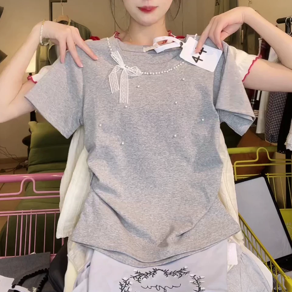 小众设计立体钉珠圆领T恤女甜美减龄网纱蝴蝶结短袖修身短款上衣