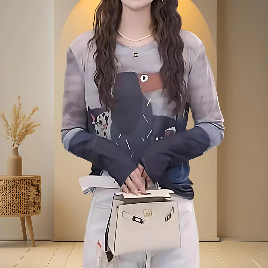 灰色时尚长袖T恤2025年新款夏季薄款涂鸦印花防晒衣女款外穿上衣