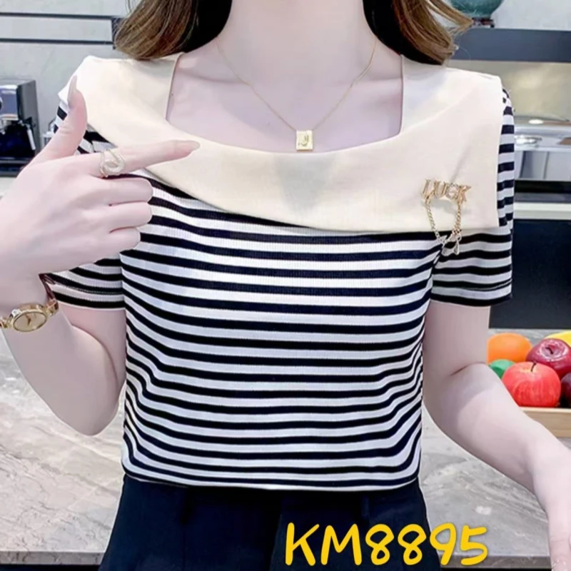 【歌莱图】2025夏季新款修身条纹方领T恤时尚百搭上衣8895