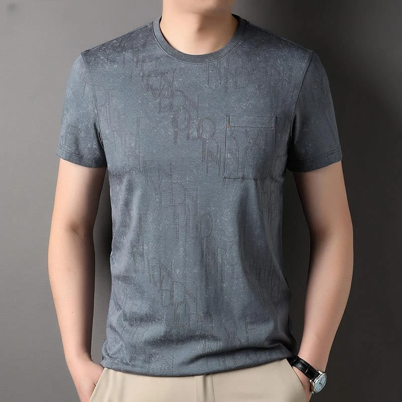 2025夏季高端短袖男t恤圆领冰丝口袋半袖体恤中年休闲宽松汗衫T恤