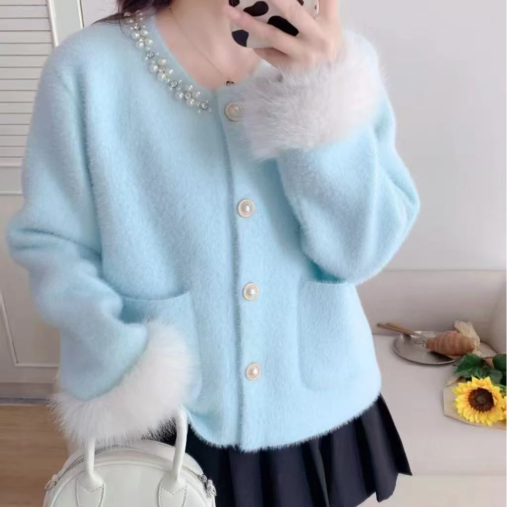 艾日秀韩系小香名媛风气质高级感钉珠毛毛袖口毛衣外套 G0344