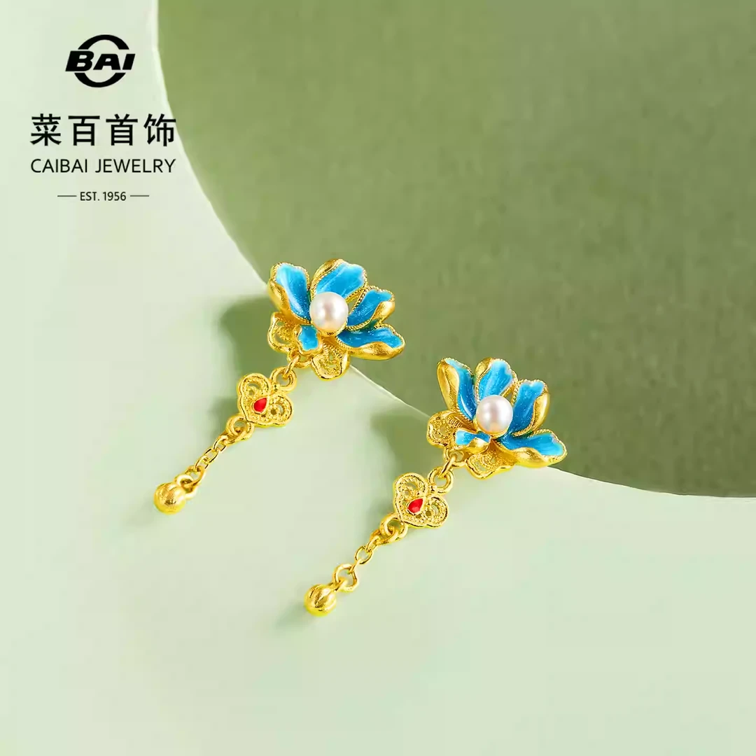 菜百足金耳饰东方花园牡丹花开古法黄金鎏彩牡丹花耳钉女