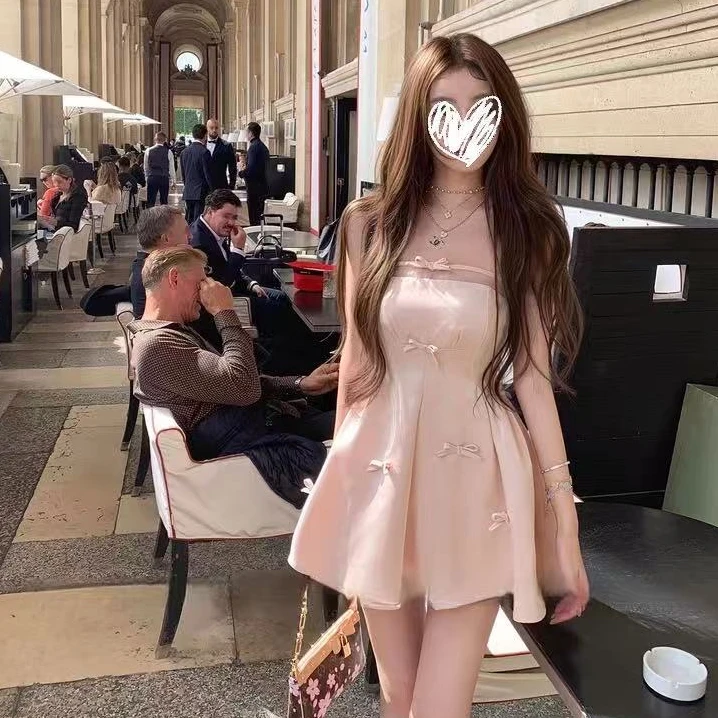 【初恋巴黎】垂坠感高级吊带蝴蝶结甜美连衣裙女