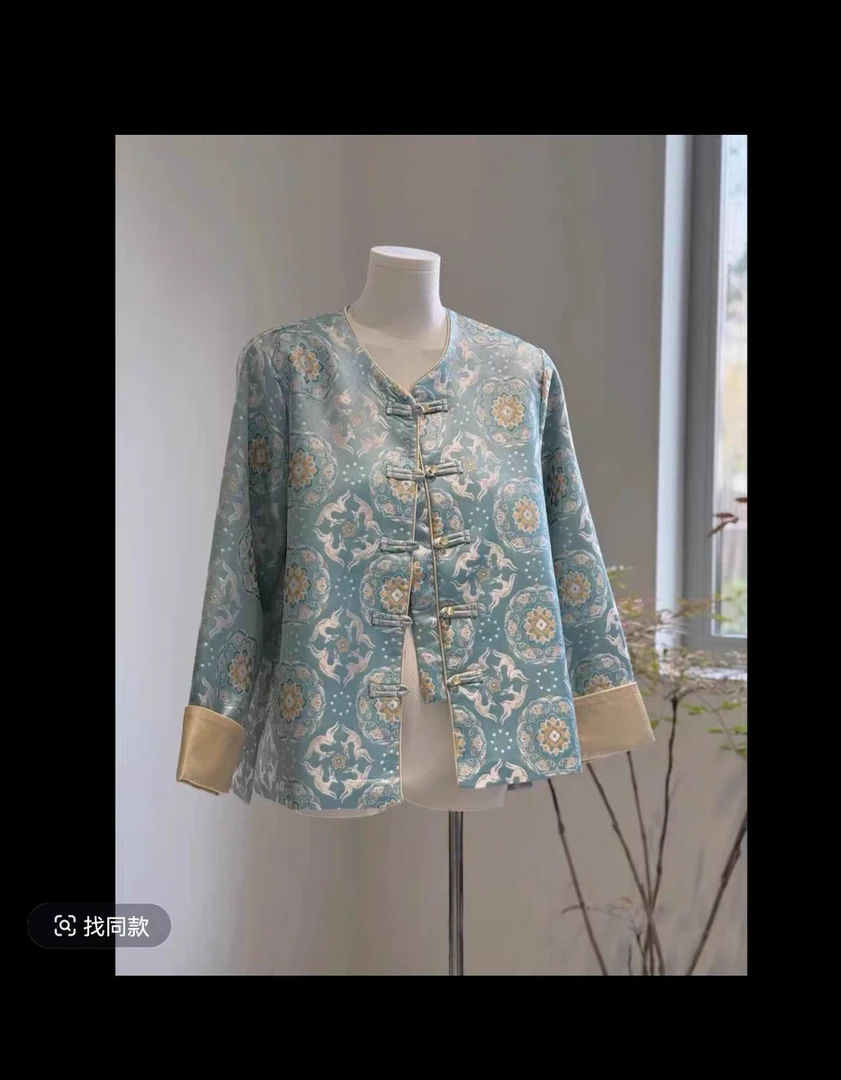 深圳南油高货新中式轻国风外套春薄款蓝色缎面年轻款女正肩绝美秋