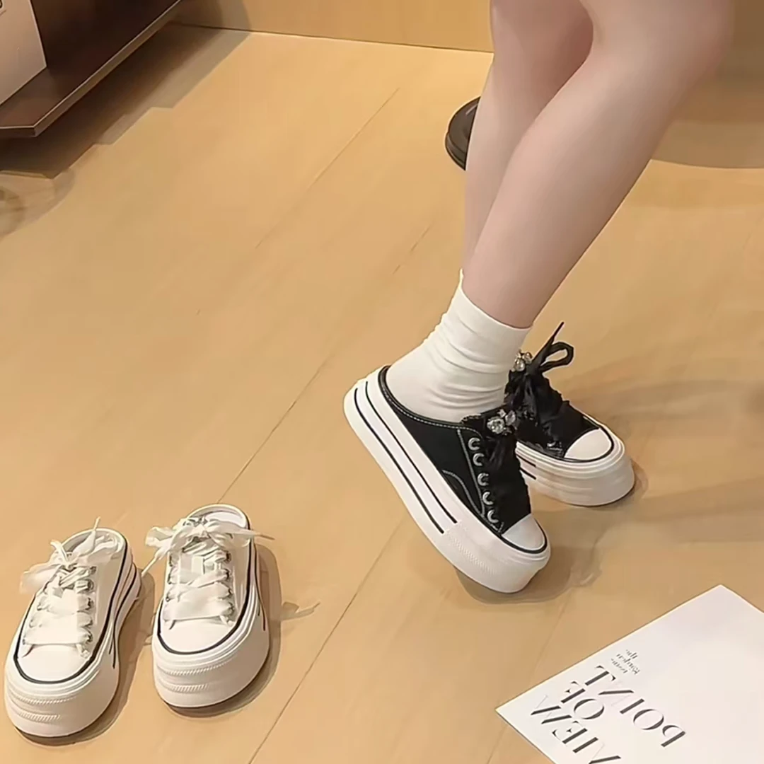 1126-9 休闲水钻包头丝带松糕底包头拖透气低帮时髦小姨风