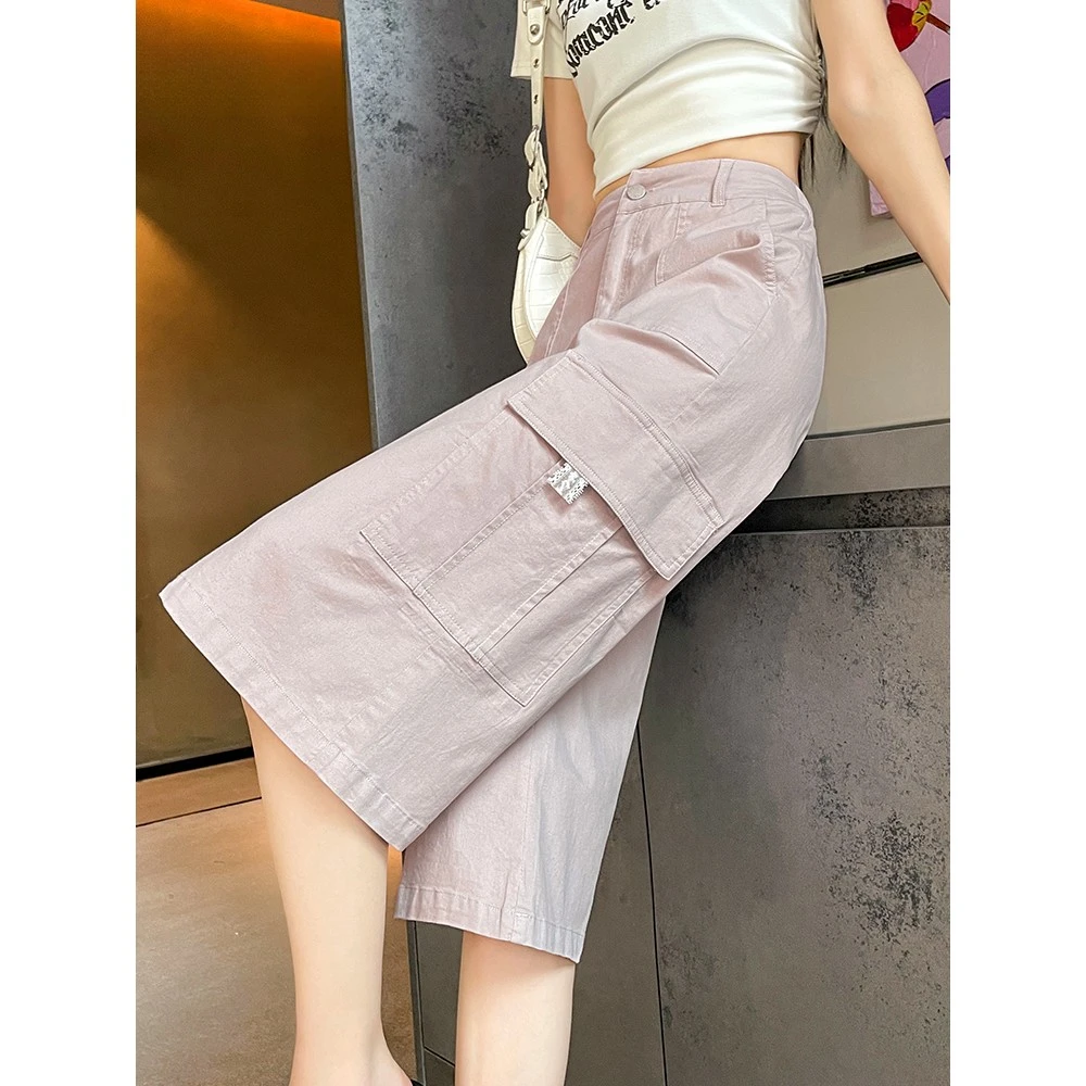 时尚百搭粉色七分工装裤女夏季薄款2025新款高腰宽松美式直筒中裤