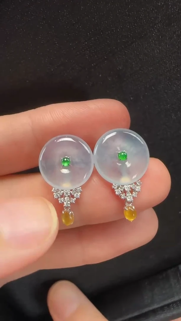 翡翠18K金镶嵌耳饰345平安扣一对